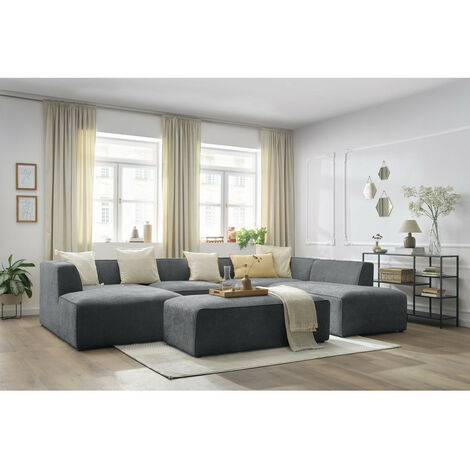 Canapé panoramique BOBOCHIC - Canapé panoramique fixe MEGEVE avec pouf tissu texturé Angle gauche  Gris foncé