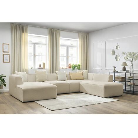 Canapé panoramique BOBOCHIC - Canapé panoramique fixe MEGEVE tissu bouclette Angle gauche  Beige