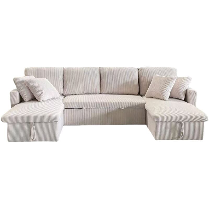 Concept-usine - mahé - Canapé panoramique convertible 4 places en velours côtelé avec coffre - beige
