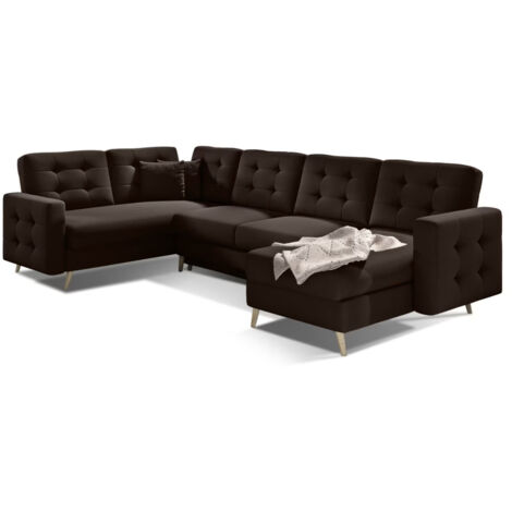 Canapé panoramique convertible ANSKA en tissu - Pieds bois naturel-Marron foncé