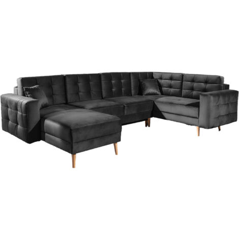 Canapé panoramique convertible ANSKA en velours - Pieds bois naturel-Gris anthracite