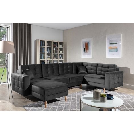 Canapé panoramique convertible - ASMA VELOURS - en tissu de qualité 5 places, gris anthracite, méridienne à gauche et angle à droite (vu de face)