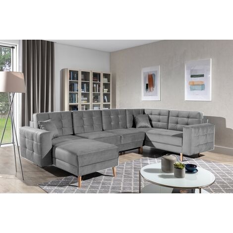 Canapé panoramique convertible - ASMA VELOURS - en tissu de qualité 5 places, gris, méridienne à gauche et angle à droite (vu de face)