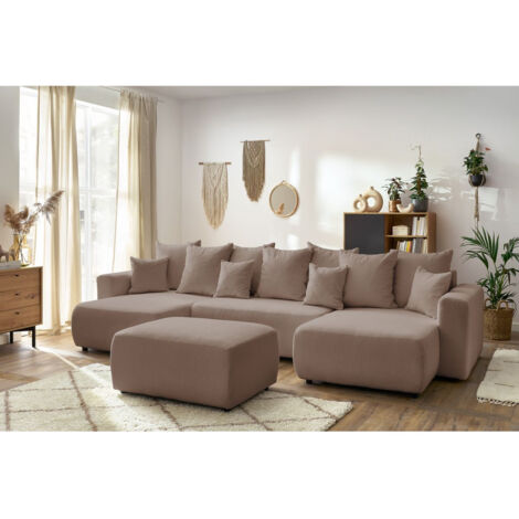 Canapé panoramique convertible BOBOCHIC - Canapé panoramique convertible coffre ENVY tissu bouclette avec pouf rectangulaire   Marron