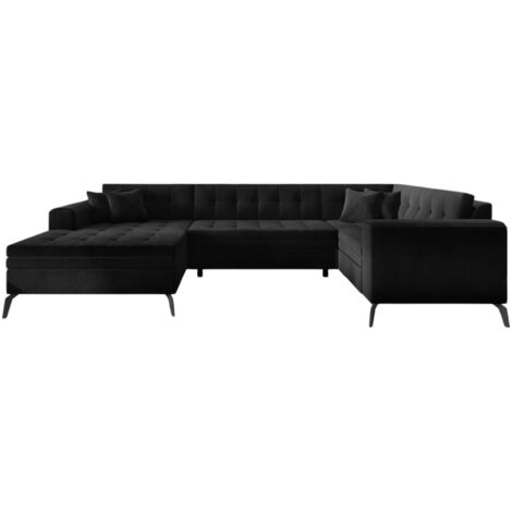 Canapé panoramique convertible BONTY tissu matelassé-Noir-Méridienne A gauche