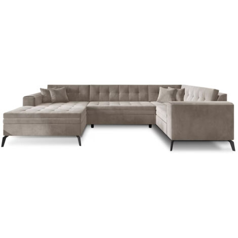 Canapé panoramique convertible BONTY velours matelassé A gauche-Taupe-Méridienne A gauche