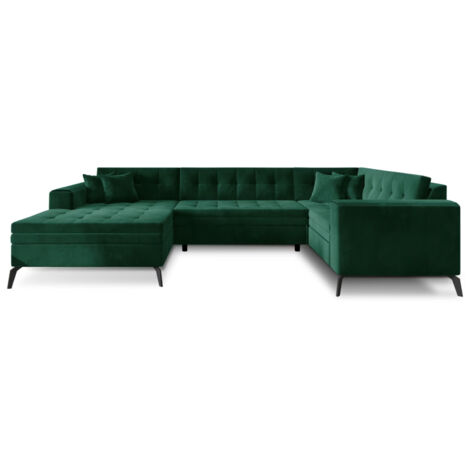 Canapé panoramique convertible BONTY velours matelassé A gauche-Vert épinard-Méridienne A gauche