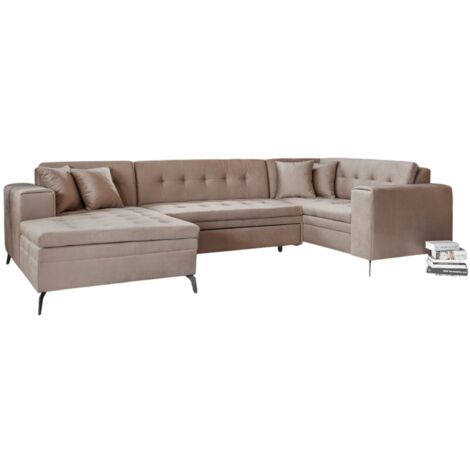 Canapé panoramique convertible BONTY velours matelassé-Beige-Méridienne A gauche