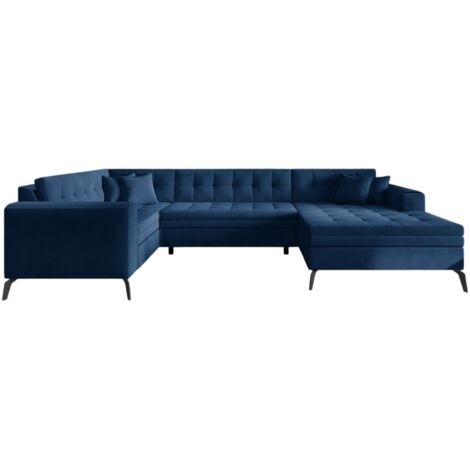 Canapé panoramique convertible BONTY velours matelassé-Bleu-Méridienne A droite