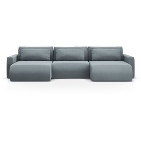 Canapé panoramique convertible + box 4 places velours bleu gris