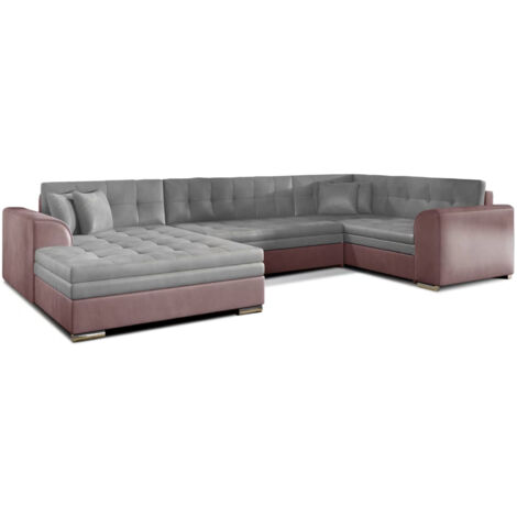 Canapé panoramique convertible DIANO velours A gauche-Rose/Gris clair-Méridienne A gauche