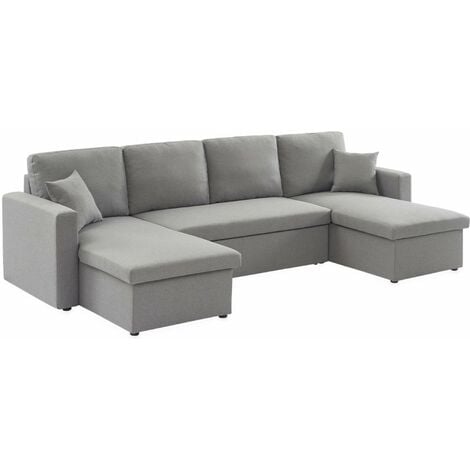 Canapé panoramique convertible en tissu. 4 places. coffre rangement. lit modulable Polyester Gris clair