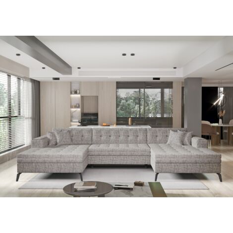 Canapé panoramique convertible en tissu ROMY - Pieds métal noir-Gris chiné