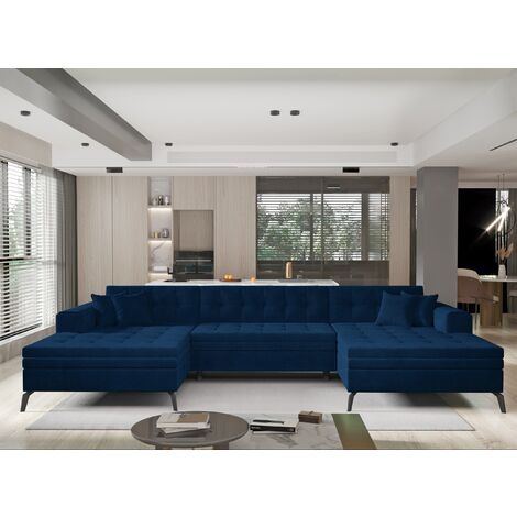 Canapé panoramique convertible en velours ROMY - Pieds métal noir-Bleu pétrole