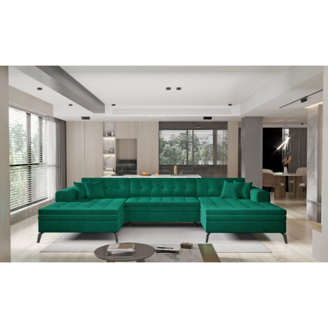 Canapé panoramique convertible en velours ROMY - Pieds métal noir-Vert