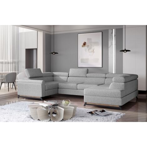Canapé panoramique convertible - ESTEBAN - en tissu prestige luxe gris,  7 places, partie sans accoudoir à droite (vu de face)