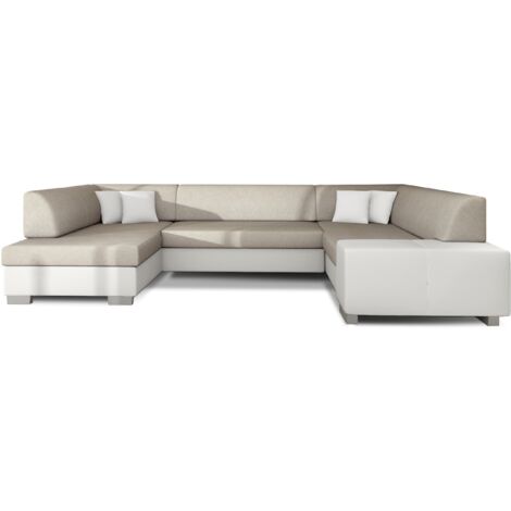 Canapé panoramique convertible HOUSTON en bi-matière avec coffre de rangement à gauche-Blanc/Beige clair-Coffre à gauche