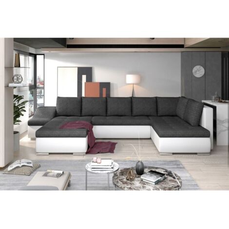 Canapé panoramique convertible JONAZ simili cuir, tissu - Rangement integré A gauche-Blanc/Gris chiné-Méridienne A gauche