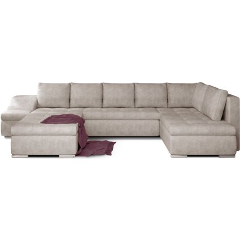 Canapé panoramique convertible JONAZ tissu - Rangement integré A gauche-Beige vintage-Méridienne A gauche