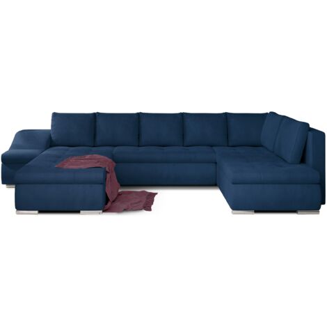 Canapé panoramique convertible JONAZ velours - Rangement integré-Bleu pétrole-Méridienne A gauche