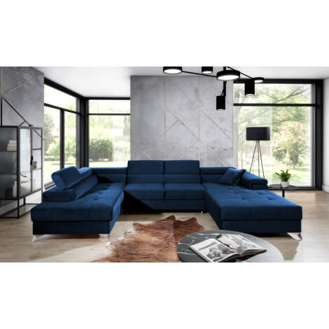 Canapé panoramique convertible KUTTY velours - Rangement et têtières réglables à gauche-Bleu nuit-Coffre à gauche