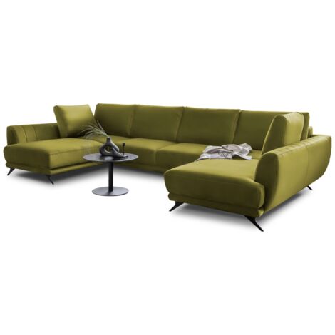 Canapé panoramique convertible LARGOS - Velours irrésistiblement douillet-Jaune olive