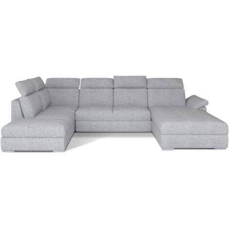 Canapé panoramique convertible LEVANO tissu - Rangement et appuie-têtes réglables à droite-Gris perle-Coffre à droite