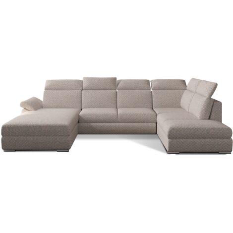 Canapé panoramique convertible LEVANO tissu - Rangement et appuie-têtes réglables à gauche-Beige clair-Coffre à gauche