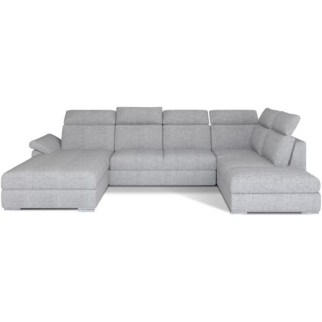Canapé panoramique convertible LEVANO tissu - Rangement et appuie-têtes réglables-Gris perle-Coffre à gauche