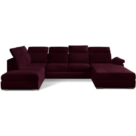 Canapé panoramique convertible LEVANO velours - Rangement et appuie-têtes réglables à droite-Prune-Coffre à droite