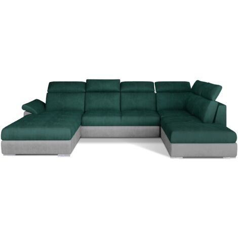 Canapé panoramique convertible LEVANO velours - Rangement et appuie-têtes réglables à gauche-Gris clair/Vert-Coffre à gauche