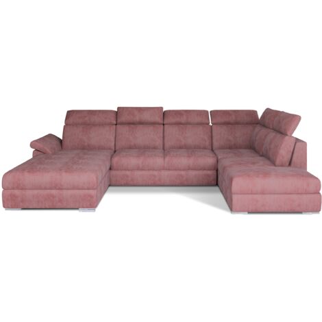 Canapé panoramique convertible LEVANO velours - Rangement et appuie-têtes réglables-Rose poudré-Coffre à gauche
