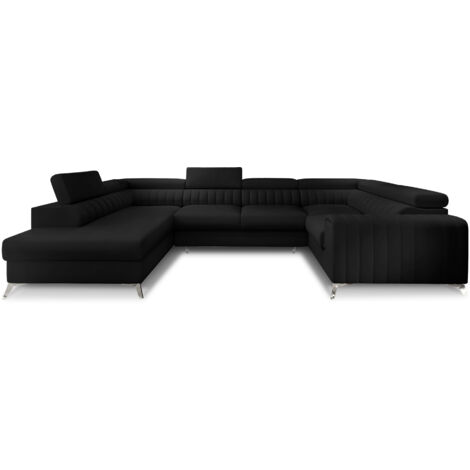 Canapé panoramique convertible LOUVE simili cuir - Rangement et têtières réglables à gauche-Noir-Coffre à gauche