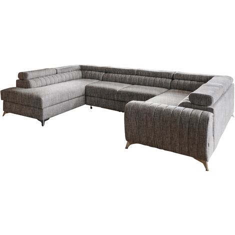 Canapé panoramique convertible LOUVE tissu - Rangement et têtières réglables à gauche-Gris chiné-Coffre à gauche