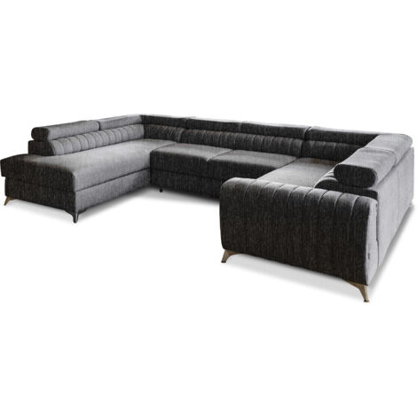 Canapé panoramique convertible LOUVE tissu - Rangement et têtières réglables à gauche-Gris vintage-Coffre à gauche