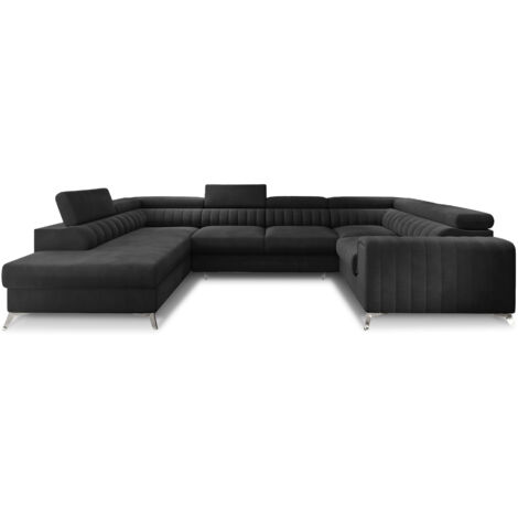 Canapé panoramique convertible LOUVE velours - Rangement et têtières réglables à gauche-Gris anthracite-Coffre à gauche