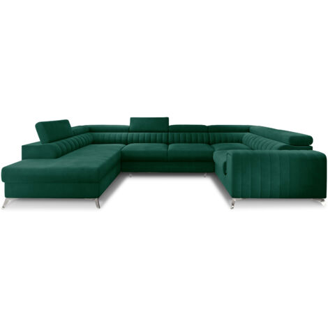Canapé panoramique convertible LOUVE velours - Rangement et têtières réglables à gauche-Vert-Coffre à gauche