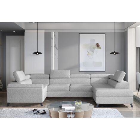Canapé panoramique convertible SKADA tissu – Rangement et appuis-têtes réglables à droite-Gris perle-Coffre à droite