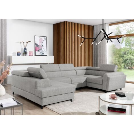 Canapé panoramique convertible SKADA tissu – Rangement et appuis-têtes réglables à gauche-Gris-Coffre à gauche