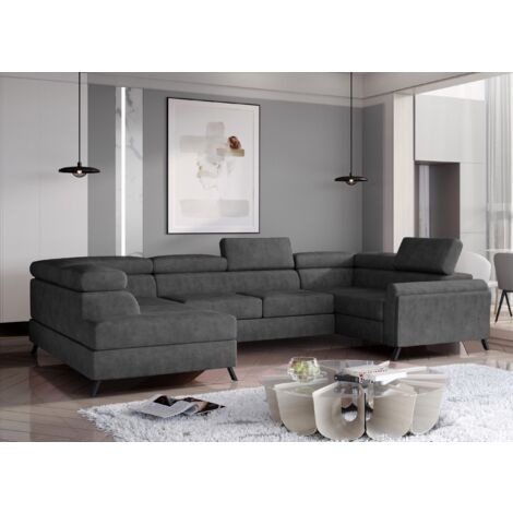 Canapé panoramique convertible SKADA tissu – Rangement et appuis-têtes réglables à gauche-Gris foncé-Coffre à gauche