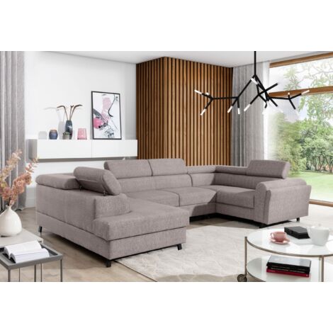 Canapé panoramique convertible SKADA tissu – Rangement et appuis-têtes réglables à gauche-Taupe-Coffre à gauche