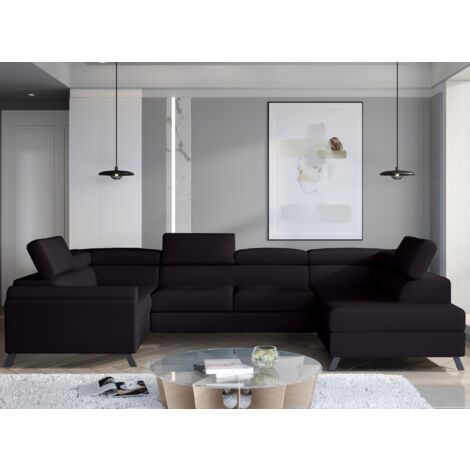 Canapé panoramique convertible SKADA velours – Rangement et appuis-têtes réglables à droite-Noir-Coffre à droite