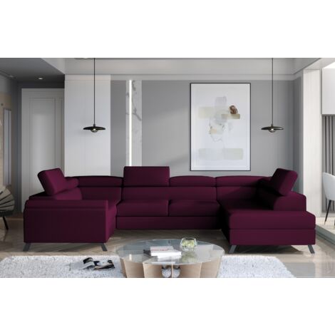 Canapé panoramique convertible SKADA velours – Rangement et appuis-têtes réglables à droite-Prune-Coffre à droite