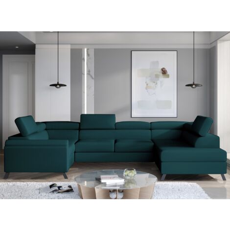Canapé panoramique convertible SKADA velours – Rangement et appuis-têtes réglables à droite-Vert anglais-Coffre à droite