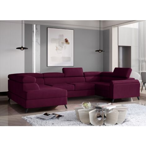 Canapé panoramique convertible SKADA velours – Rangement et appuis-têtes réglables à gauche-Prune-Coffre à gauche