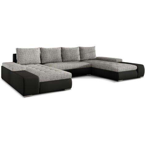 Canapé panoramique convertible TINO bi-matière avec rangement-Noir/Gris clair chiné