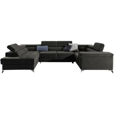 Canapé panoramique convertible TRIANO tissu - Coffre de rangement et têtières réglables-Gris anthracite-Coffre à gauche