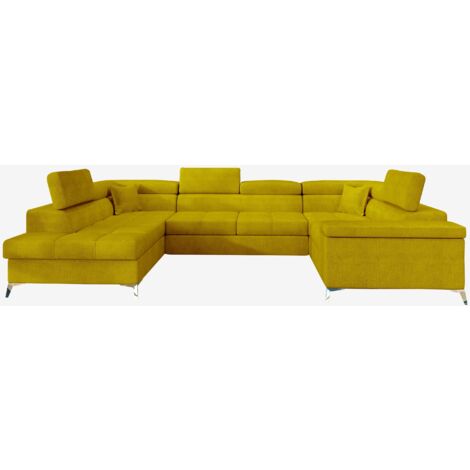 Canapé panoramique convertible TRIANO tissu - Coffre de rangement et têtières réglables-Jaune olive-Coffre à gauche