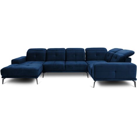Canapé panoramique design SKAW velours - Têtières réglables A droite-Bleu nuit-Méridienne A droite