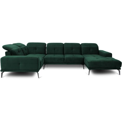Canapé panoramique design SKAW velours - Têtières réglables A gauche-Vert épinard-Méridienne A gauche